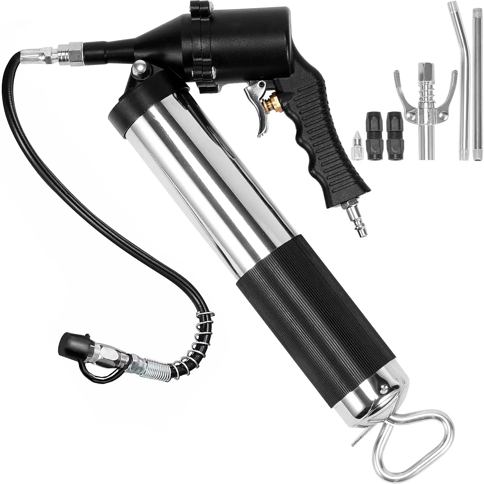 【Summerfinds】VEVOR Air Operated Grease Gun, 6000PSI, 14 OZ/400 CC Capacity Heavy Duty Pneumatic Grease Gun, with 18.5 Inch Flexible Hose, 1 Black Flat Coupler Pointed Coupler Bent Metal Pipe Locking Clamp Coupler