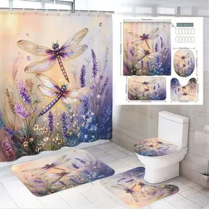 1/4pcs Whimsical Watercolor Dragonfly and Wildflower Bathroom Décor Set - Dreamy Waterproof Shower Curtain Sets, Toilet Lid Cover & Matching Bath Rugs for a Serene Sanctuary in Your Home Bathroom Decor - Perfect for Spring Refresh or Gift Ideas