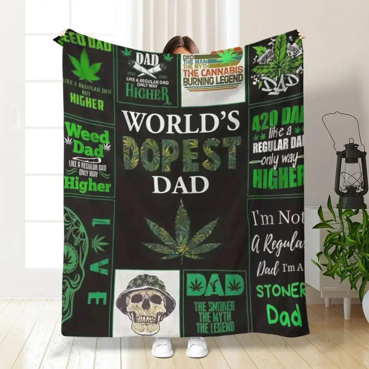 Cannabis Leaf Cartoon Blanket Flannel Throw Blanket Soft Cozy Fleece Blanket Green Leaf Print Warm Lightweight Blanket For Sofa Bed Office Home Decor Travel Gift For Dad Plant Lovers