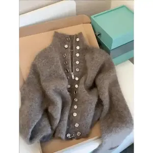 Luxury Fluffy Knitted Cardigan Sweater Design Double Breasted Sweater Coat Women Autumn High-end Lazy Zipper 2000s Y2k Knit Top