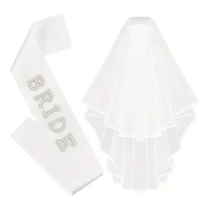 Bride to Be Sash and Veil Set - White Rhinestone Bride Sash & 2-Tier Tulle Veil for Bachelorette Party, Bridal Shower, Engagement Decorations & Wedding Accessories, Wedding Veils for Brides