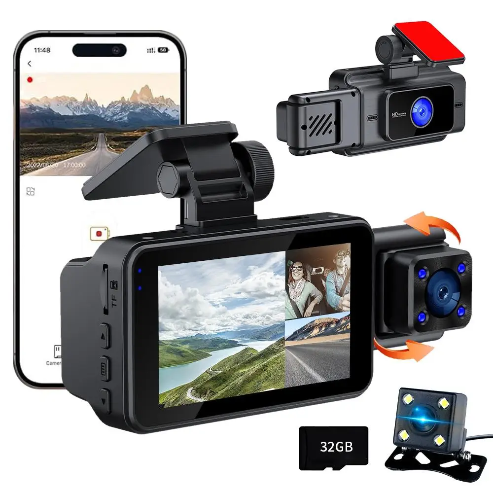 WiFi App Control 3 Channel Dash Camera Front + Inside + RearRecording 170° Wide-Angle Dashcam with Night Vision, Automative Loop Recording 24H Parking