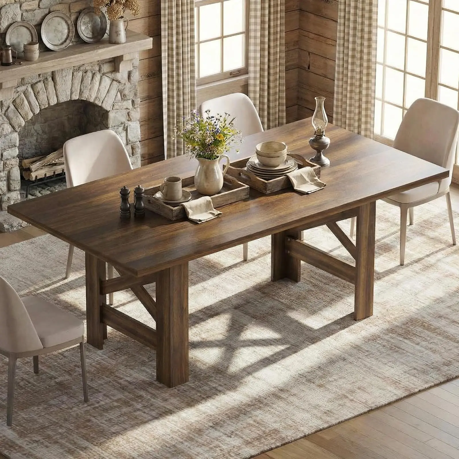 Garvee 71"L Farmhouse Dining Table for 6-8, Rectangular Barn Wooden Kitchen Table with a Rock-Strong Thick Base, Triangular Legs, Long Dining Room Table for Office, Kitchen, Apartments, Walnut