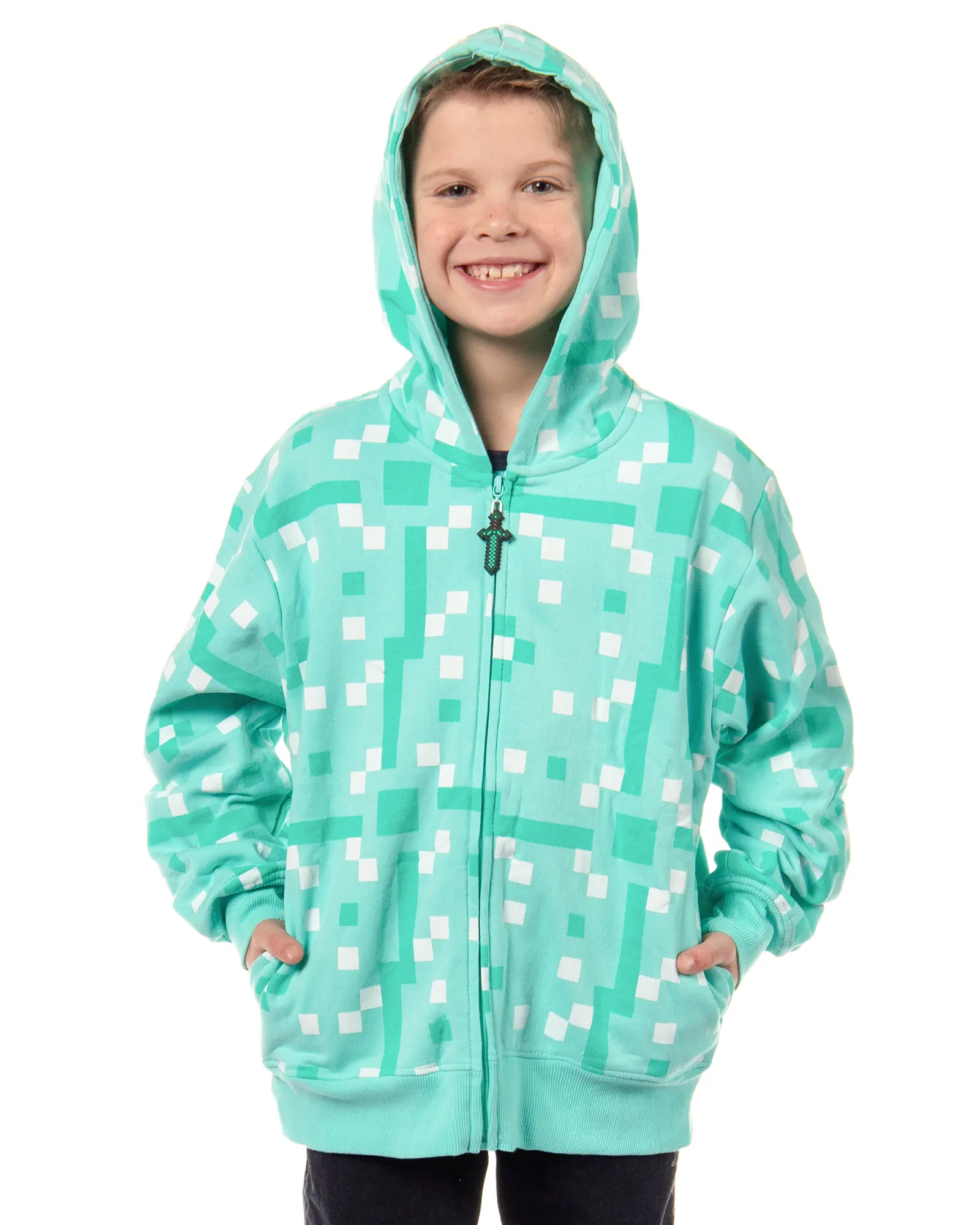 Mad Engine Minecraft Boys' Diamond Steve Allover Pixelated Design Big Kids Full-Zip Hoodie Rubber Sword Zipper Pull (Medium)