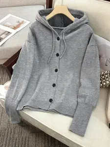 Women's Plain Button Front Adjustable Drawstring Hooded Cardigan, Casual Drop Shoulder Long Sleeve Knitwear for Fall & Winter, Women's Knit Clothing for Daily Wear, Women Fall Outfit, Women Winter Sweater, Autumn Outerwear for Women, Knit Top, Womenswear