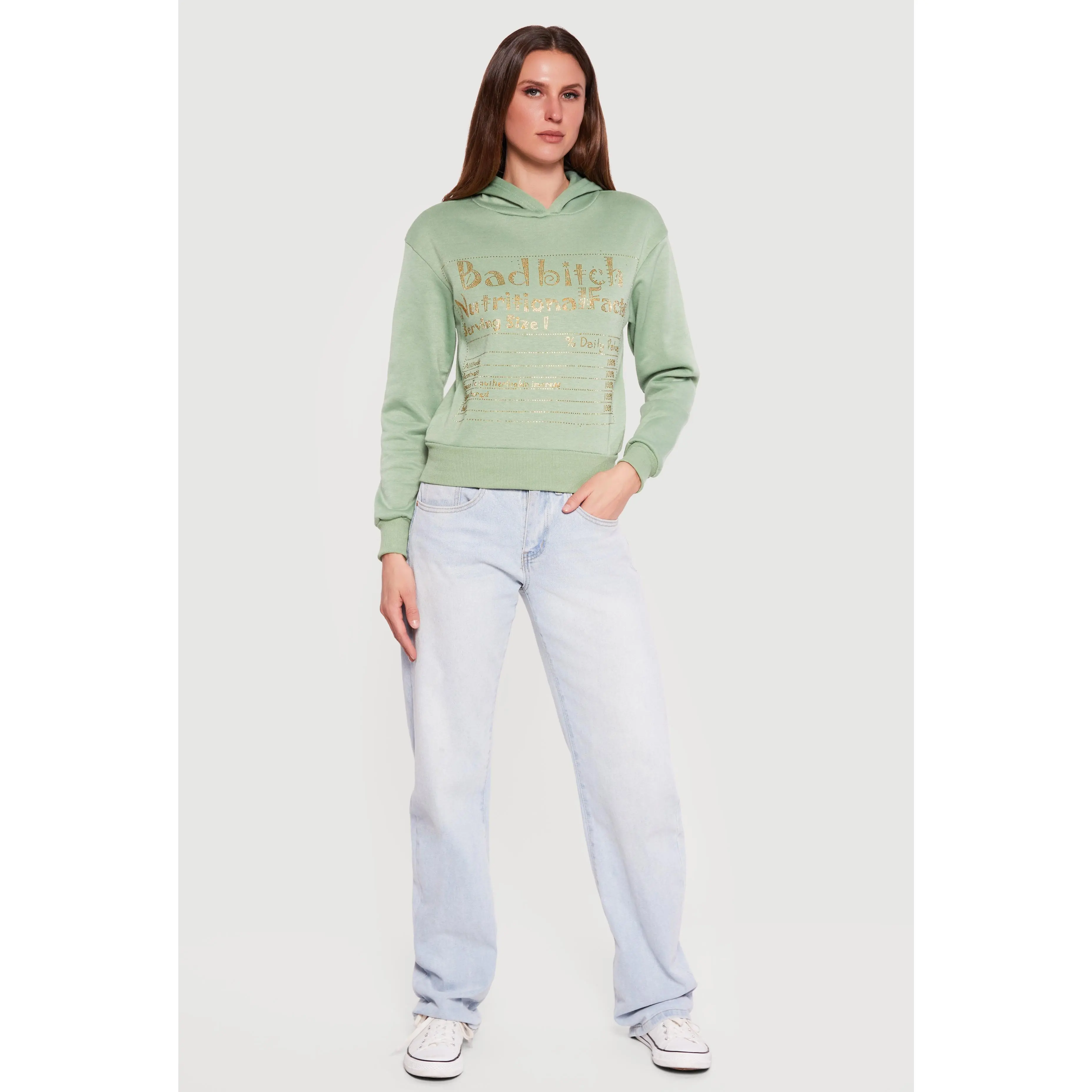Bad Bitch Nutritional Facts Rhinestone Studded Hoodie