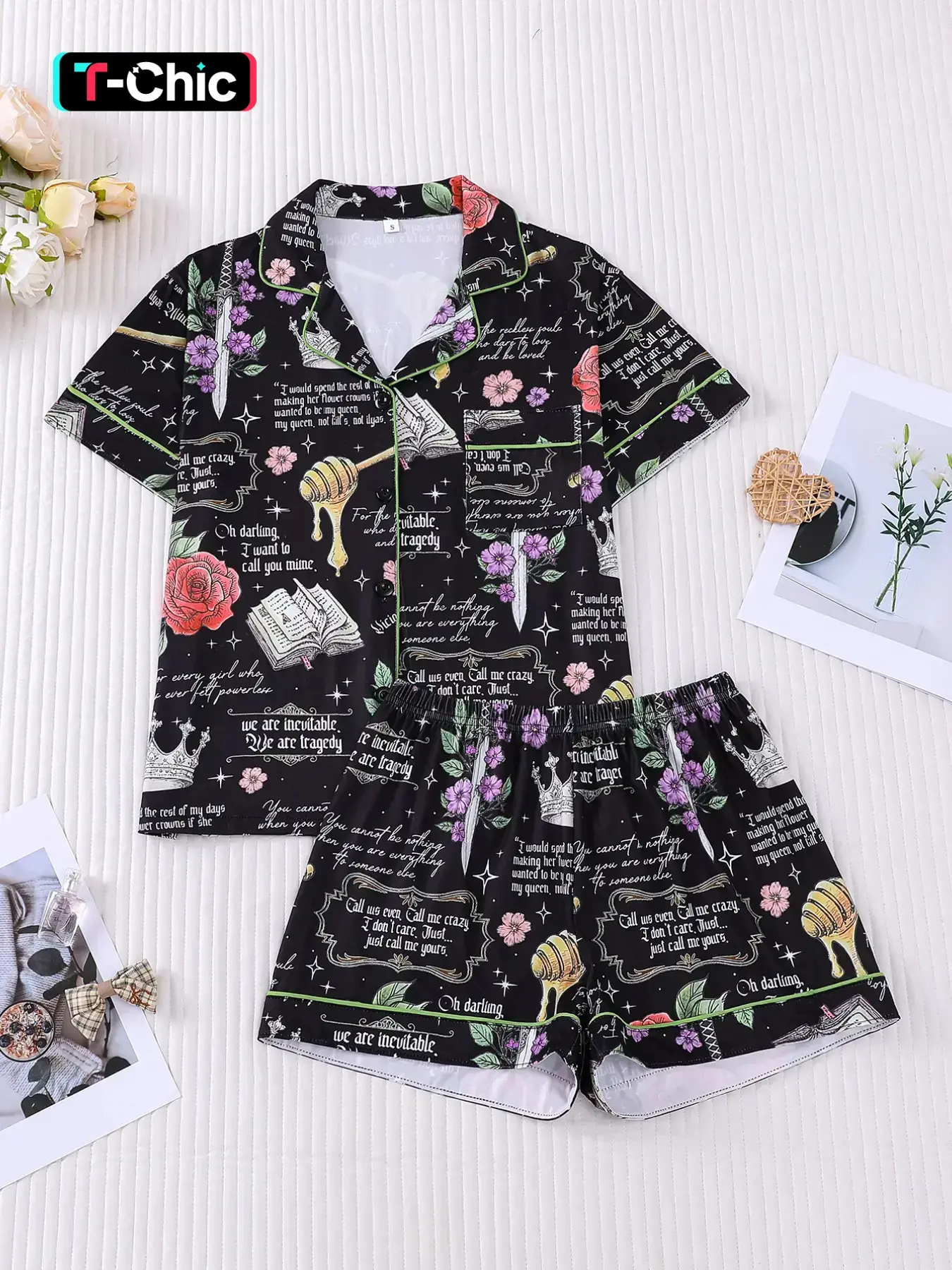 2-piece Women's Pajama set, black background all over powerless printed floral pattern short sleeved shorts lapel design top small pocket button closure elastic waistband suitable for all seasons home daily casual loungewear sleepwear set Pjs Womenswear