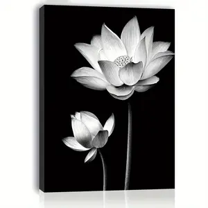 An elegant black and white floral canvas painting with a wooden frame featuring lotus prints, suitable for living rooms, bedrooms, and offices - an ideal gift for her or him, perfect for bachelorette party decorations