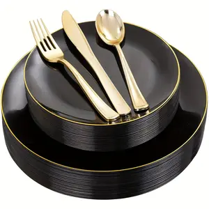 Gold Edge Disposable Dinnerware Set, 100 Pieces Plastic Plates, Forks & Spoons, Perfect for Easter, Weddings, Parties, Modern Tableware Sets