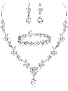 Gorgeous 4 Pcs Silvery Dazzling Jewelry Set Shining Rhinestone Alloy Earrings Necklace Bracelet Set for Bride Bridesmaid Wedding Prom Costume Party Matching Jewelry Set