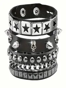 Halloween Skull Rivet Bracelet Set, Punk Style Bracelet, Punk Party Bangles Jewelry Gift, Gothic Fashion Unisex Hand Chain Accessories