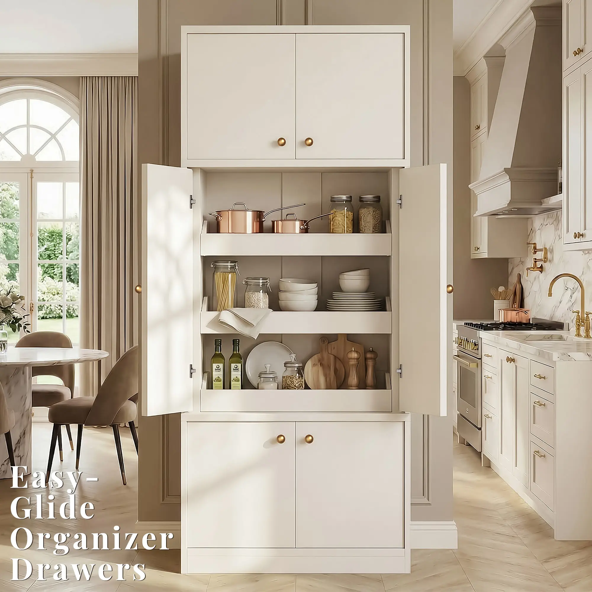 OMCHOM 71-Inch Sturdy Modern Rectangular Freestanding Kitchen Pantry Cabinet - Wood High-Density MDF, Pull-Outs, Sliding Door Modular Concealed Storage Hutch, Expandable Wall System, Assembly Required, Thick Panels, Fade-Resistant Walnut, Deep Heavy-Duty,