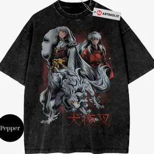 Inuyasha vs Sesshomaru Anime Streetwear Vintage Unisex Acid Wash Tshirt, Inuyasha Graphic Tee, Crewneck Medium Cotton Short Slevee Casual Printed Summer SAZ JAL