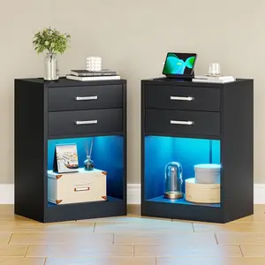 Sikaic 2PCS LED Nightstands with Charging Station Power Outlets & Drawers