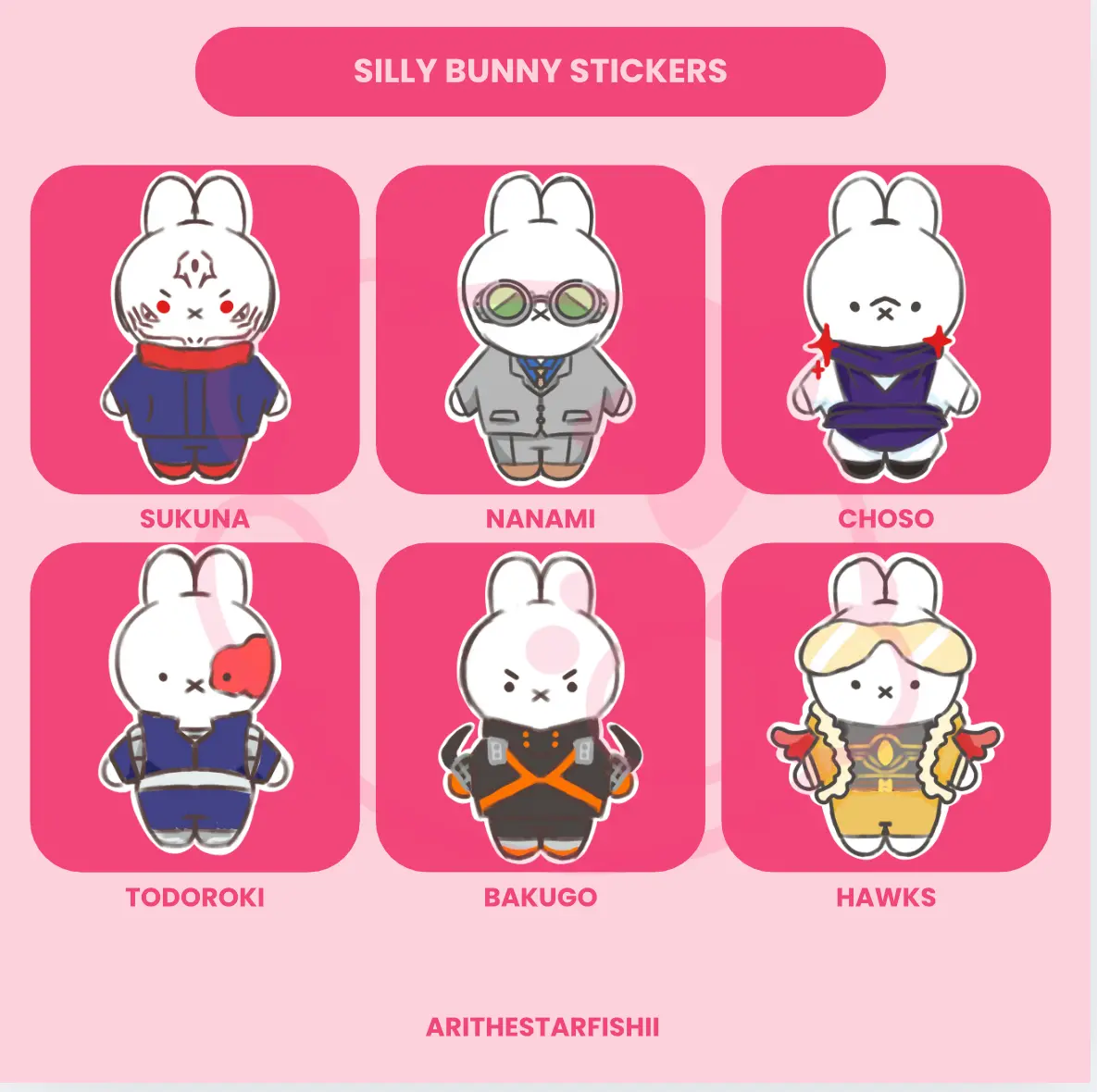 ARiTHESTARFISHII Silly Bunny Stickers - Handmade Anime Vinyl Stickers Featuring Sukuna Nanami Choso Todoroki Bakugo & Hawks Designs