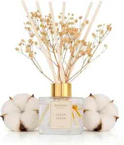 DEXIANG Clean Linen Reed Diffuser Set - 3.38 fl oz (100ml) Scented Home Fragrance Diffuser with 12 Reed Sticks & Preserved Baby's Breath Flowers, Long Lasting Fresh Linen Scent for Bedroom, Bathroom, Office Shelf Decor - Elegant Gift