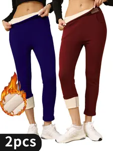 Women's 2-Pack Fleece Lined Leggings with Pockets, High Waist Tummy Control Slimming Style, Lightweight Thermal Bottoms for Casual Wear (Red & Blue)