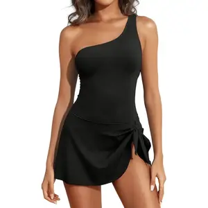 Women's One Shoulder Swim Dress - Ruched Waist Slimming One Piece Bathing Suit with Skirt for Summer Beach & Vacation