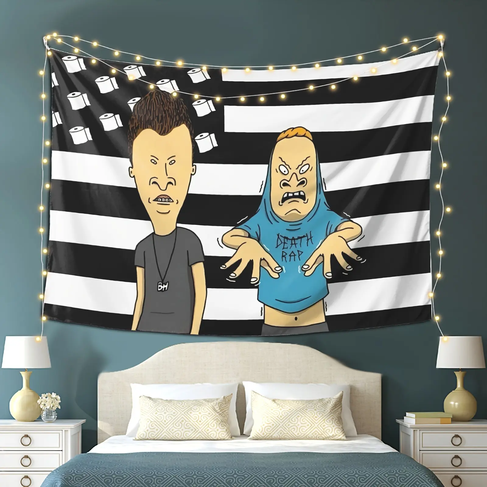 Beavis & Butt-Head Tapestry Hanging - Black-White Striped Flag Pattern, Soft Peach-Light Beige, Horizontal Home Decor, Suitable for Living Room, Party Decoration, Modern Soft-Texture Home Supply No Electricity Required
