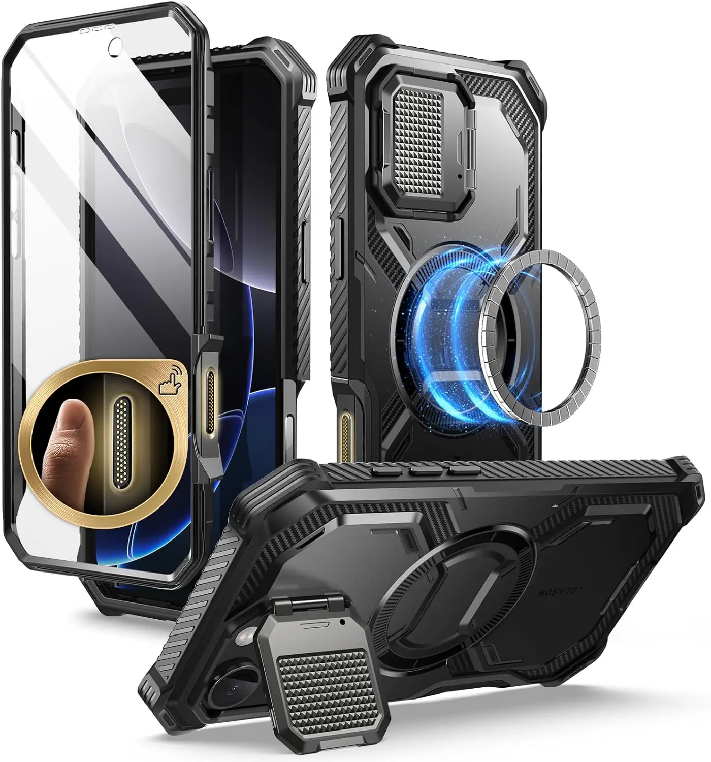 i-Blason Military Shockproof Full-Body Magnetic Protective Casing for iPhone 16 Pro Max/16 Pro/Plus - MagSafe, Camera Control Button Cover, Camera Cover Kickstand, Screen Protector, Custom Smartphone Cellphone Accessory
