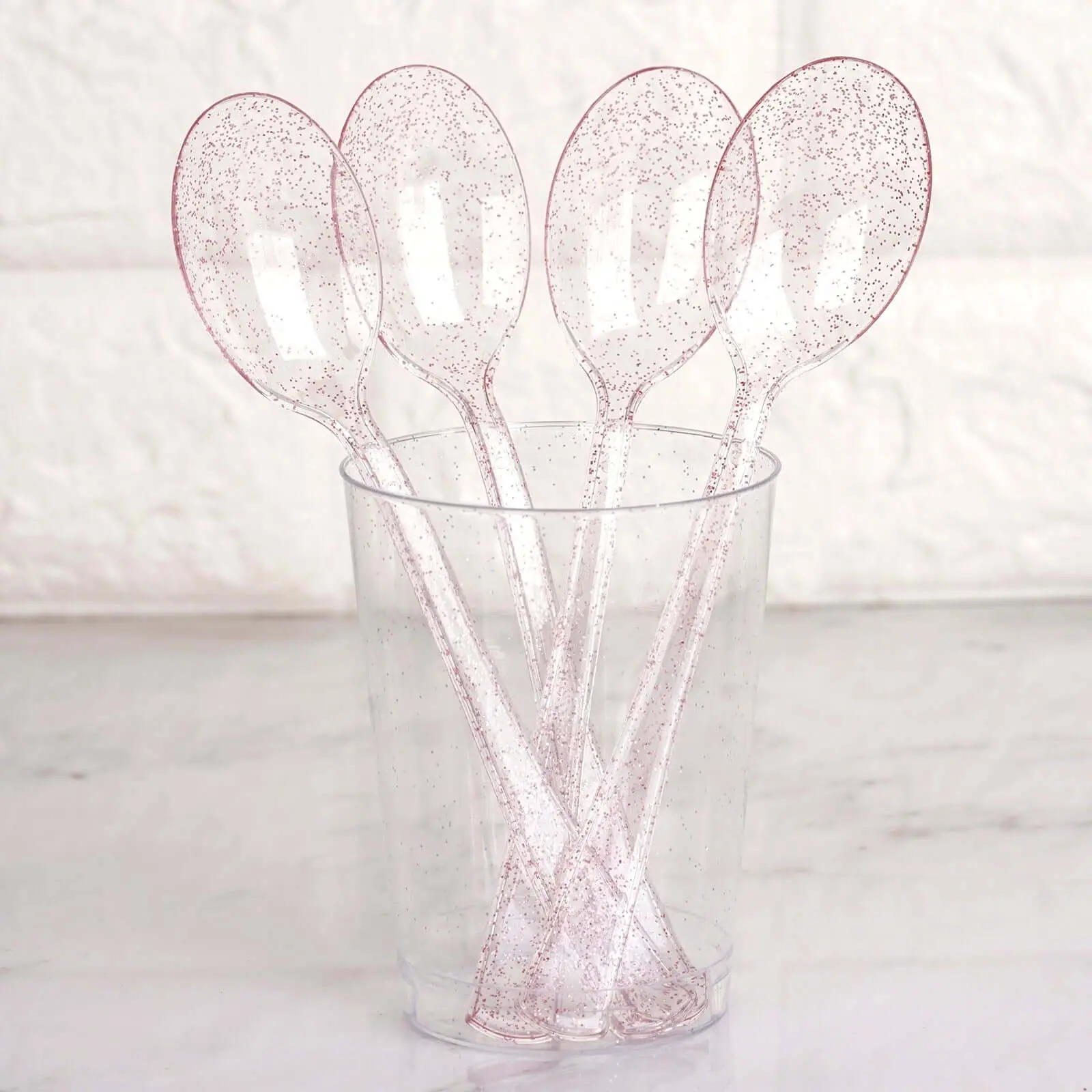 High Quality Durable Plastic Disposable Cutlery Spoons - 25-Pack 7" Blush Pink Sparkle Transparent Heavy-Duty Supplies for Birthday, Wedding (Home & Festive Party Disposable Tableware), High Quality Plastic, Party Supplies