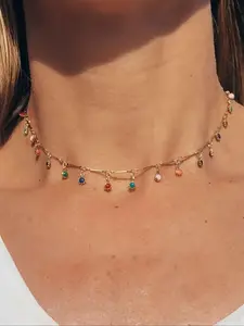 Artificial Gemstone Tassel Pendant Necklace, Boho Fashion Metal Color Block Chain Necklace, Vintage Jewelry for Women As Gifts for Her, Sweet Personality Versatile Women Accessories