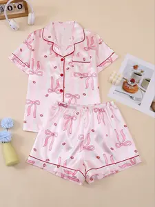 Women's Butterfly Print Sleepwear Pajama Set, Elegant Home Clothing for Valentine's Day, Shirt Collar Short Sleeve & Elastic Shorts