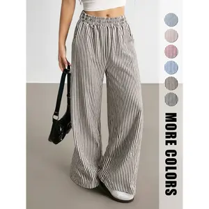 Women's Woven Striped Linen Straight Leg Trousers Casual Stylish and Sporty Suitable for All Seasons and Multiple Occasions Including Work Commutes Casual Wear at Home Beach Vacations and Shopping