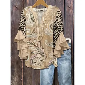 1 Women'S Floral & Paisley& Leopard Print Blouse - Button-Front Top With Three-Quarter Length Ruffle Sleeves, Non-See-Through Fabric For Everyday & Formal Events - Spring/Summer Blouse , Women'S Clothing