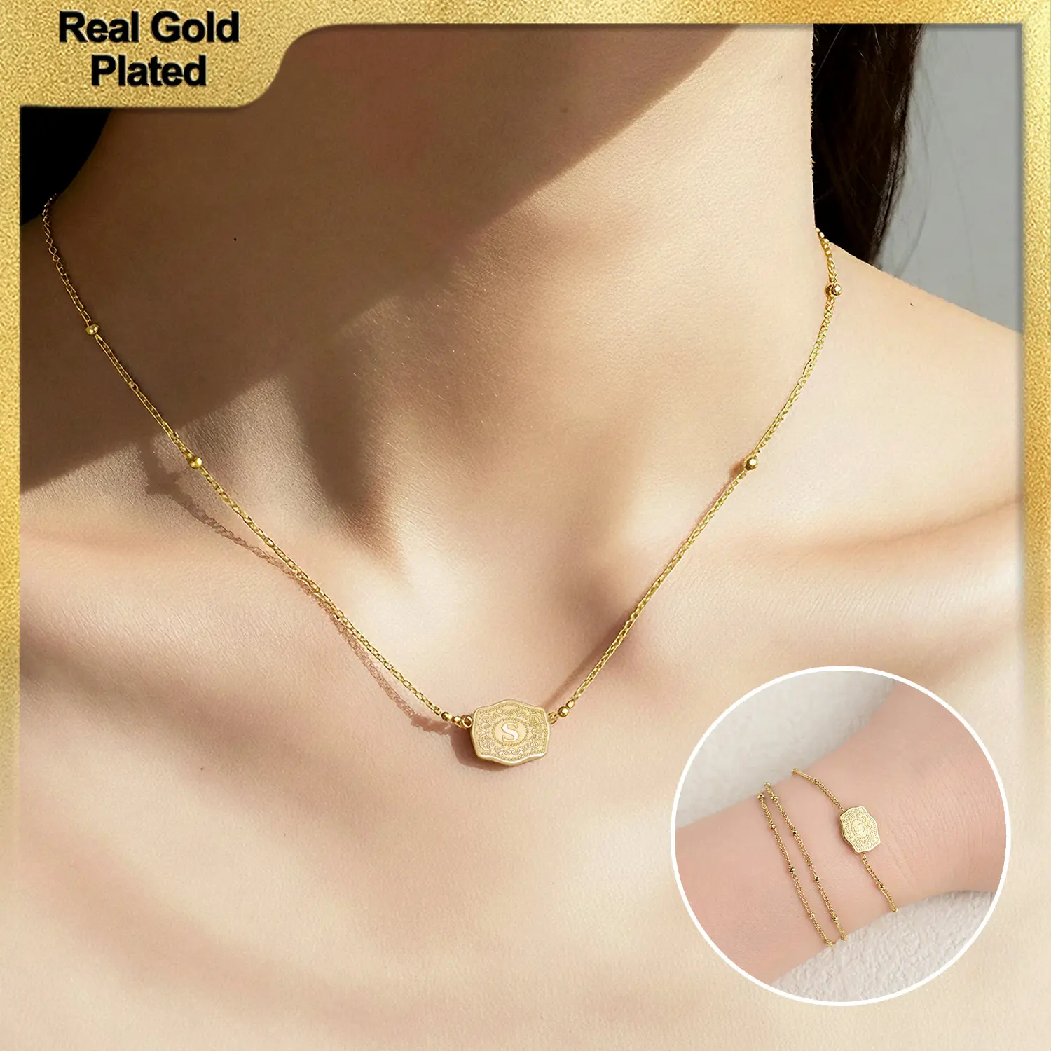 Holylegend Mini 14K Real Gold-Plated Initial Necklace, Double-Sided CZ Letter Pendant, Reversible CowTag Western Style Jewelry, Mother’s Day Gift for Women & Men, 18"+2" Extender