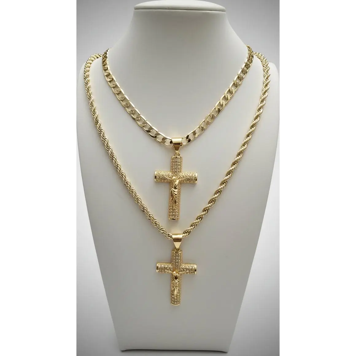 Gold-Plated Cross Link Chain Necklace, Unisex 1.5-Inch Crucifix Pendant with White Rhinestone Accents, Curb and Rope Styles, Curb Or Rope Link Chain
