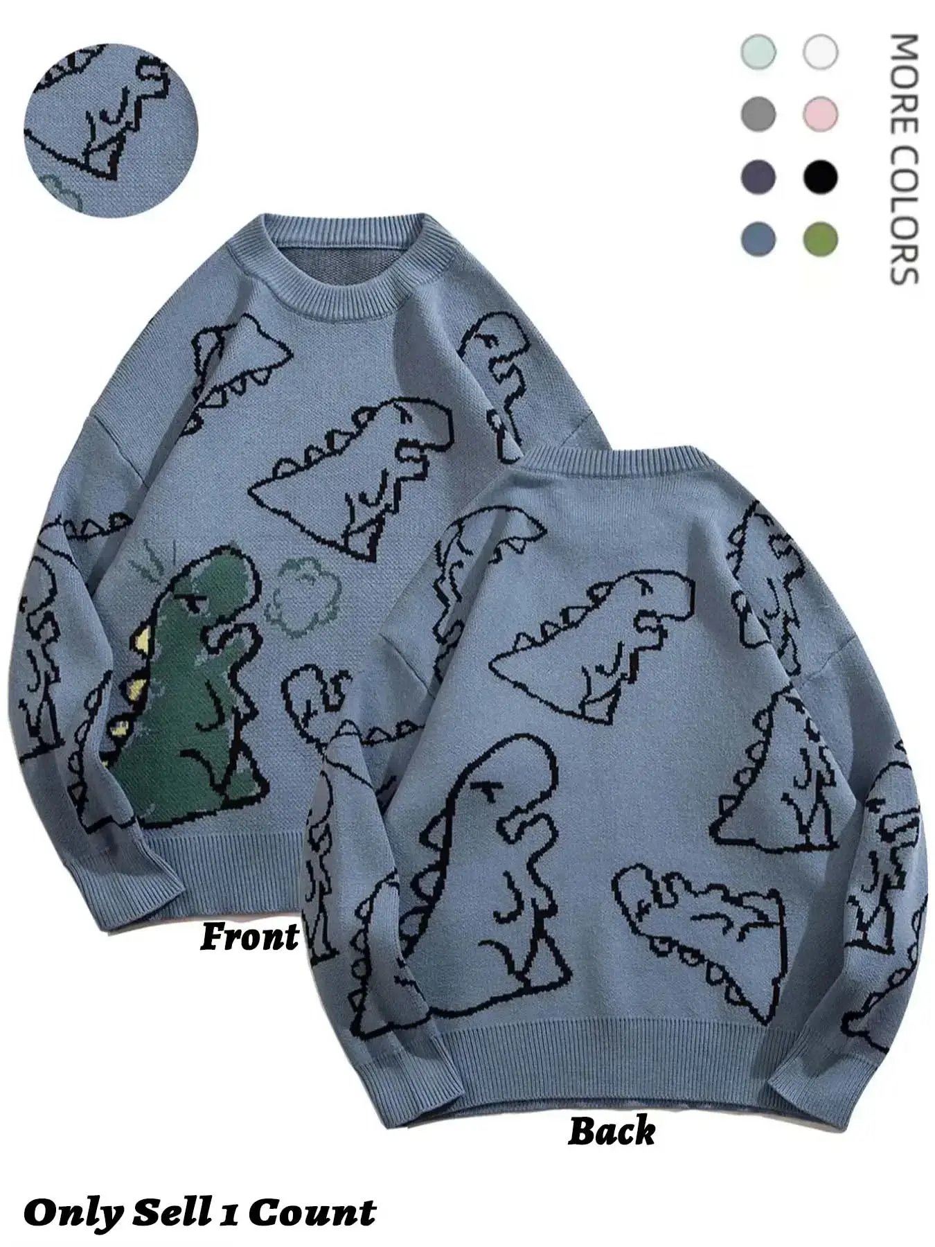 Men's Dinosaur Print Round Neck Long Sleeve Sweater Loose Casual Fall Winter 2026