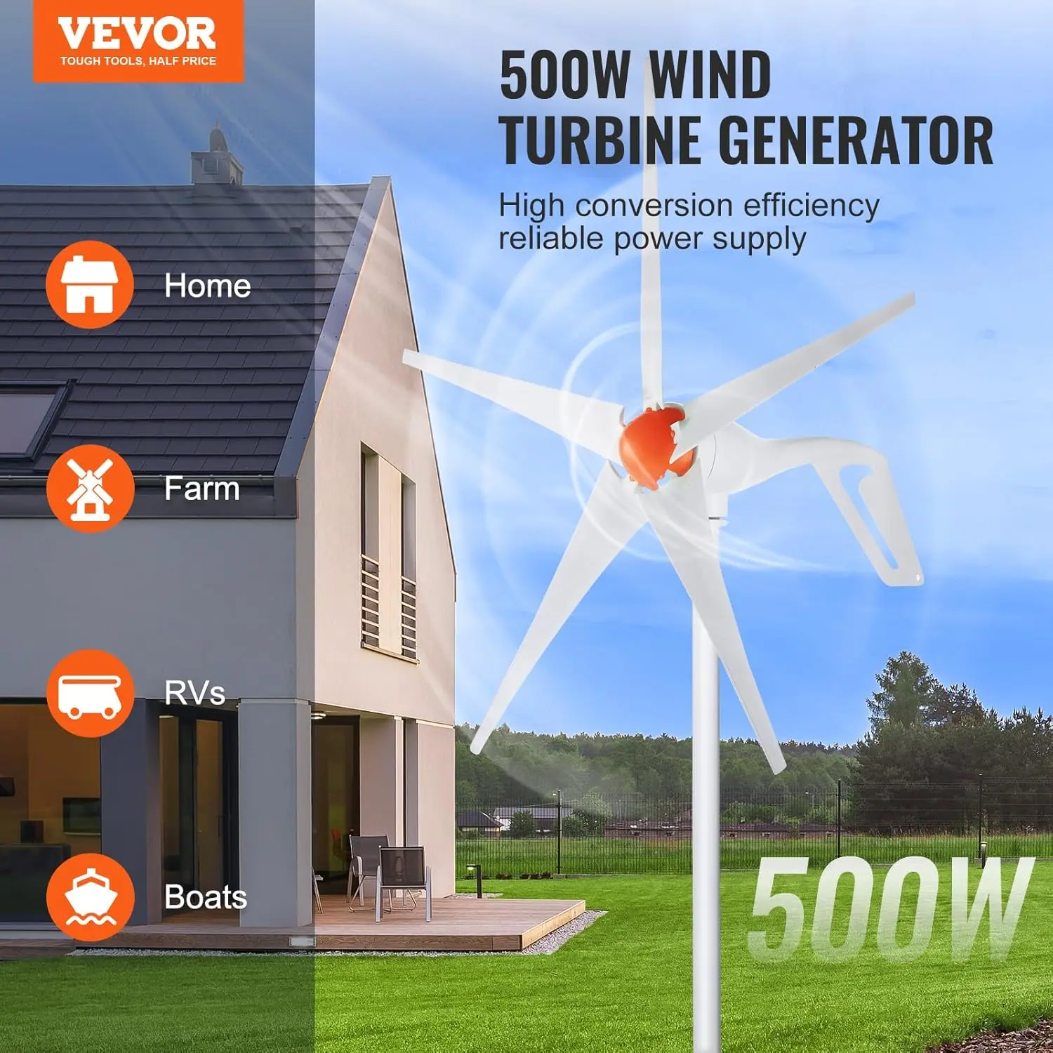 VEVOR 500W Wind Turbine Generator, 12V Wind Turbine Kit, 5-Blade Wind Power Generator with MPPT Controller, Adjustable Windward Direction & 2.5m/s Start Wind Speed, Suitable for Home, Farm, RVs, Boats