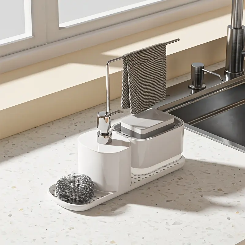 1 Set Modern 2-in-1 Kitchen Sink Soap Dispenser and Sponge Holder, 304 Stainless Steel, Lead-Free, No Electricity or Battery Needed, Bathroom Countertop Organizer with Soap Pump and Dishwashing Liquid Dispenser
