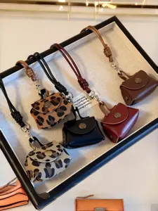 Vintage Leopard Print Leather Coin Purse Necklace Set for Women, Long Sweater Chain, Bag Hanging Accessory, 5 Piece Set