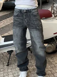 Men's American Style Loose-Fit Denim Jeans, Vintage Straight Leg Casual Pants, All-Season Moderate Fabric, Comfortable Everyday Wear