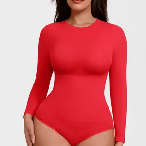 FeelinGirl Seamless Round Neck Long Sleeve Compression Shapewear Bodysuit