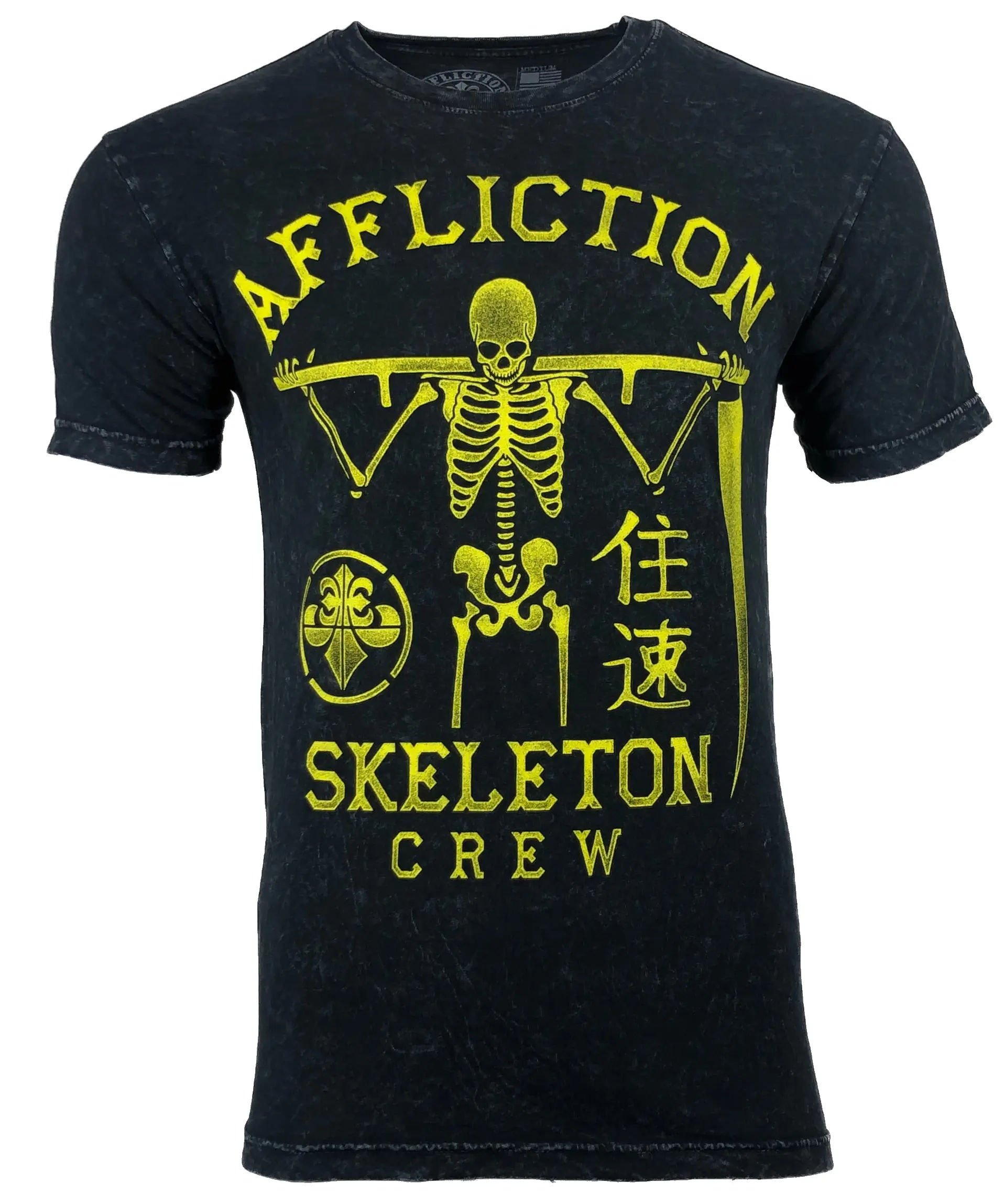 Affliction Skeleton Crew Men's Round Neck Short-Sleeve 100% Cotton Graphic T-Shirt - Black Lava Biker Gothic Print Crewneck Top