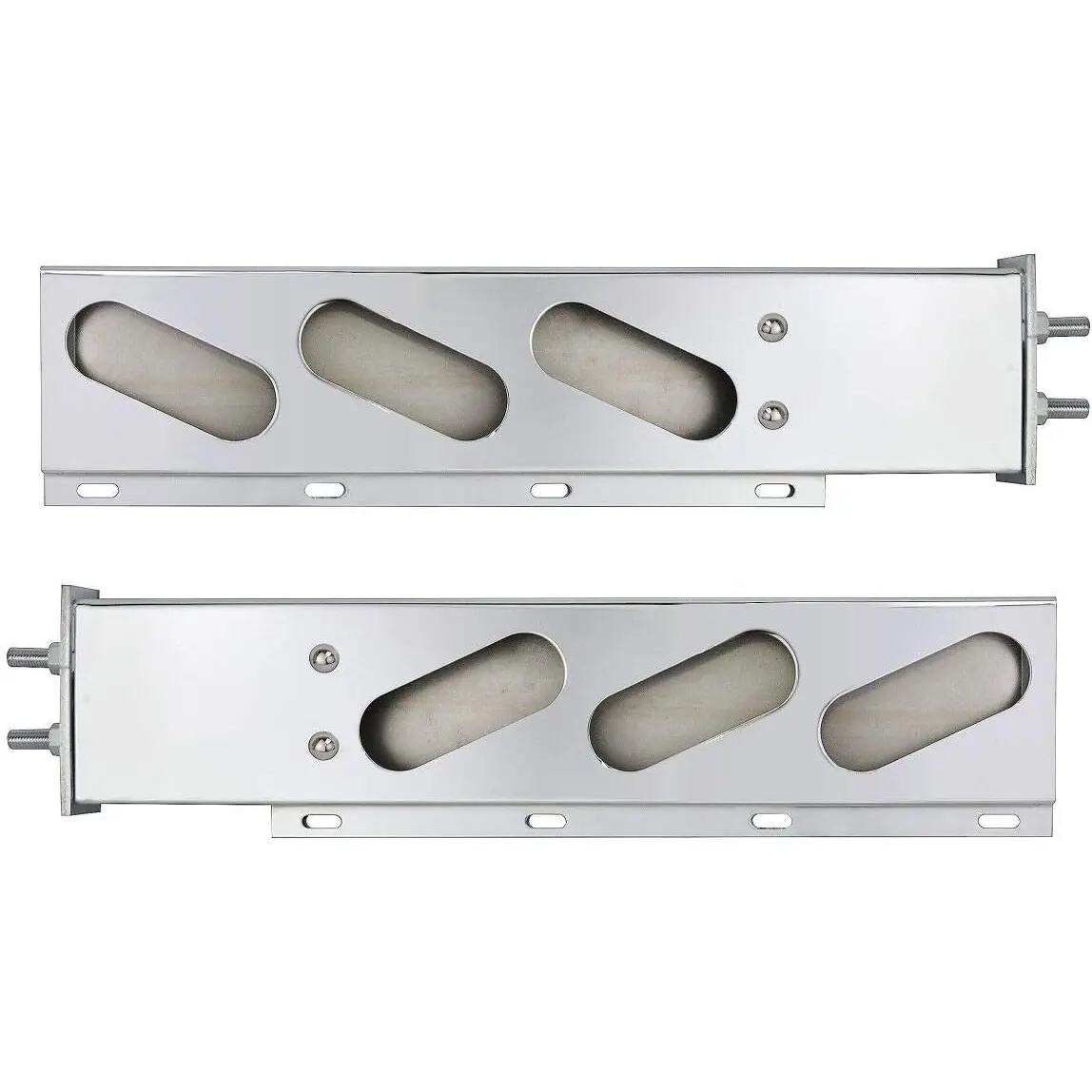 Chrome Straight Spring-Loaded Mud Flap Hanger Bracket - 30in Length, 2-1/2in Center-to-Center Bolt Spacing, Oval Light Cutouts, Stainless Steel Auto Part for Kenworth, Freightliner Semi Trucks, Vehicle Parts Accessories with Vibration Damp Fit for Mack, I