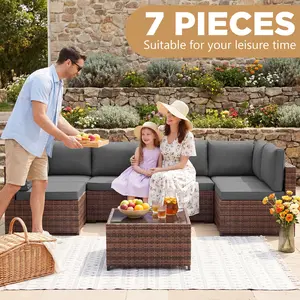 7 Piece Outdoor Rattan Furniture Set Patio Wicker Sectional with 4" Thick High Rebound Cushions, Handwoven PE Rattan, Waterproof Cover, Tempered Glass Table, Modular Garden Furniture for Backyard Pool Deck,Summervibes