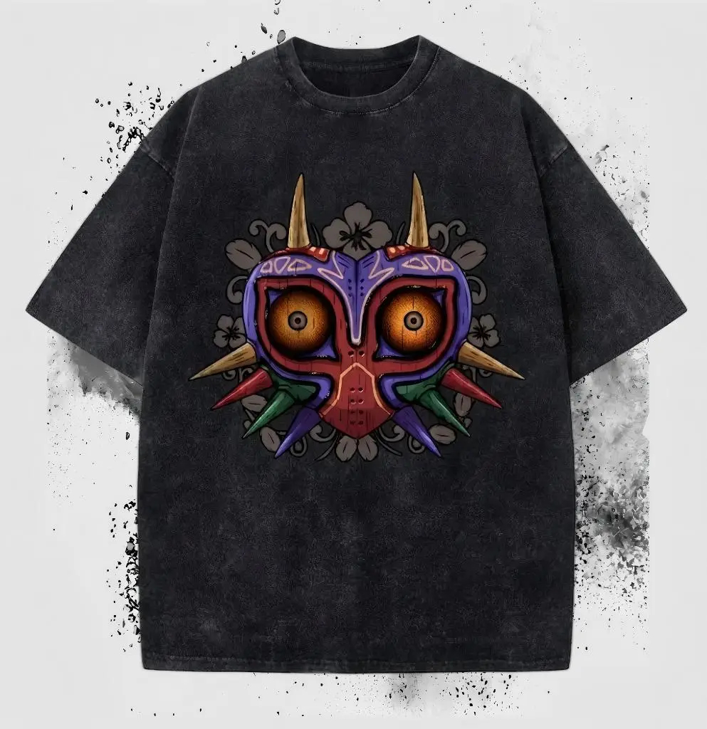 ST cotton 100% Vintage The Legend of Zelda Majora’s Mask Vintage T-Shirt, Retro Gaming Graphic Tee，Vintage Washed Majora's Mask Floral Graphic T Shirt The Legend of Zelda Anime Game Tee Unisex Streetwear Gaming Fans Gift
