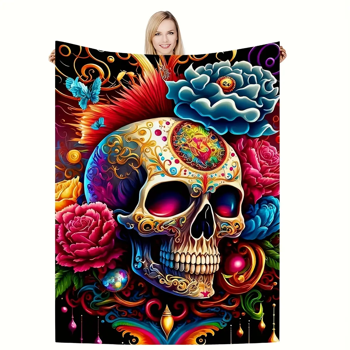 1-piece flannel blanket, soft and comfortable plush blanket, women's and men's warm and lightweight plush loop blanket, skull.