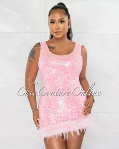 *Odelia Barbie Pink Sequins Feathers Hem Mini Dress