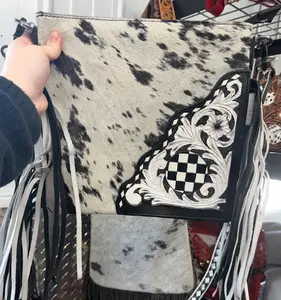 Genuine cowhide and hand tooled/painted leather crossbody bag with checkered fringe design and tooled strap