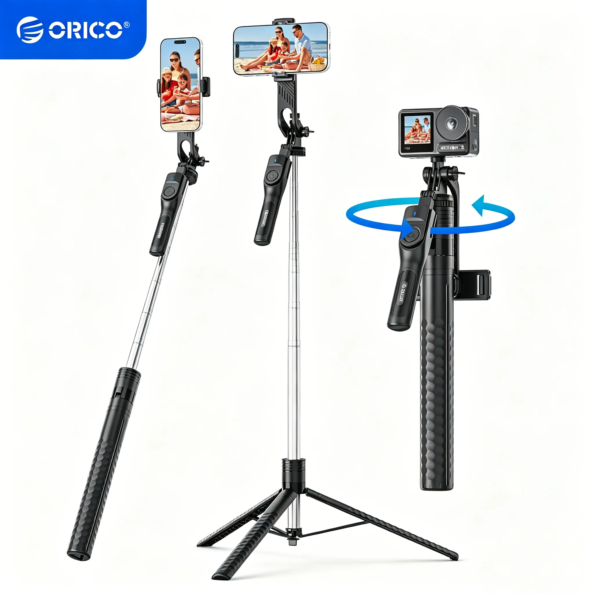 ORICO 73"/75" Phone Tripod & Selfie Stick - 360° Rotatable Handle + Phone Holder for Multi-Angle Shooting, Wireless Remote, Extendable Stand for iPhone/Android/Camera/GoPro, Travel/Vlog/Recording -SPM175/190
