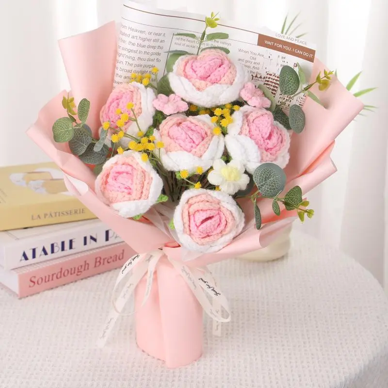 Crochet rose and Daisy bouquets, hand-woven artificial bouquets are suitable for Valentine's Day, Mother's Day, graduation season, wedding party gifts, home decoration, durable artificial flowers, Handmade Crochet Bouquet, Fake Roses, Decorative Bouquet