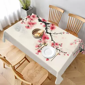 Rectangular polyester tablecloth adorned with geometric cherry blossom patterns - of excellent quality, heat-resistant and wear-resistant, suitable for various occasions such as dining tables, parties, restaurants, coffee tables, etc