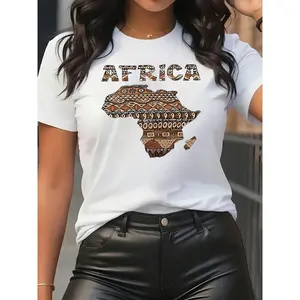 Women's African Map Print T-Shirt - White with Brown/Beige Tribal Short Sleeve Top, Soft Breathable 95% Polyester/5% Spandex, Casual & Workout Shirt for Gym, Travel, African Heritage Outfits - Africa Map Design with Countries & Tribal