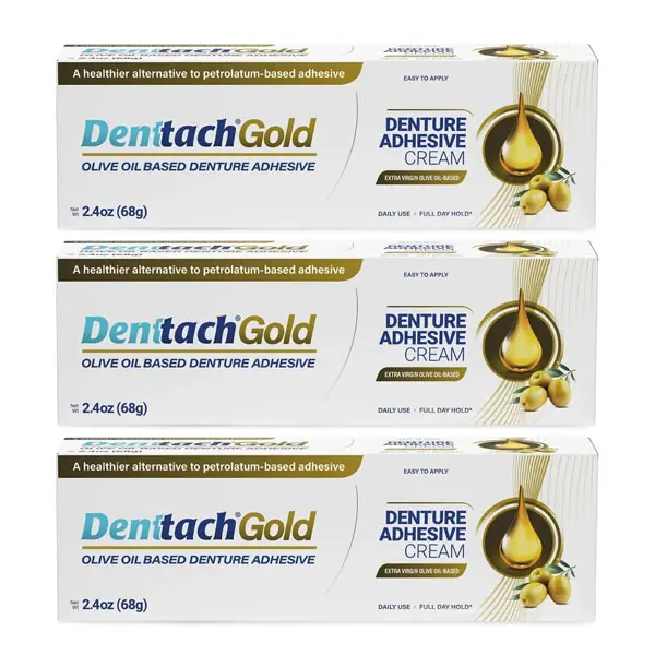 Denttach Gold Denture Adhesive, Petroleum Free Olive Oil Based Premium Denture Adhesive Cream for Full and Partial Dentures, All Day Secure Hold Denture Glue, Zinc Free, 2.4 Ounce (pack of 3)