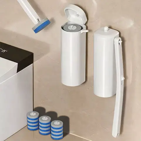 Wall Mounted Toilet Brush and Holder Set - All-in-1 Complete Set, Anti-Drip Anti-Fouling Stiff Bristles Toilet Brush & Plungers, Space-Saving Bathroom Home Supply with 12 Disposable Heads